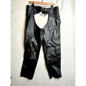 HWK Motorsports Leather Rider Chaps Pants Unisex 32 Black Durable Buckle Waist
